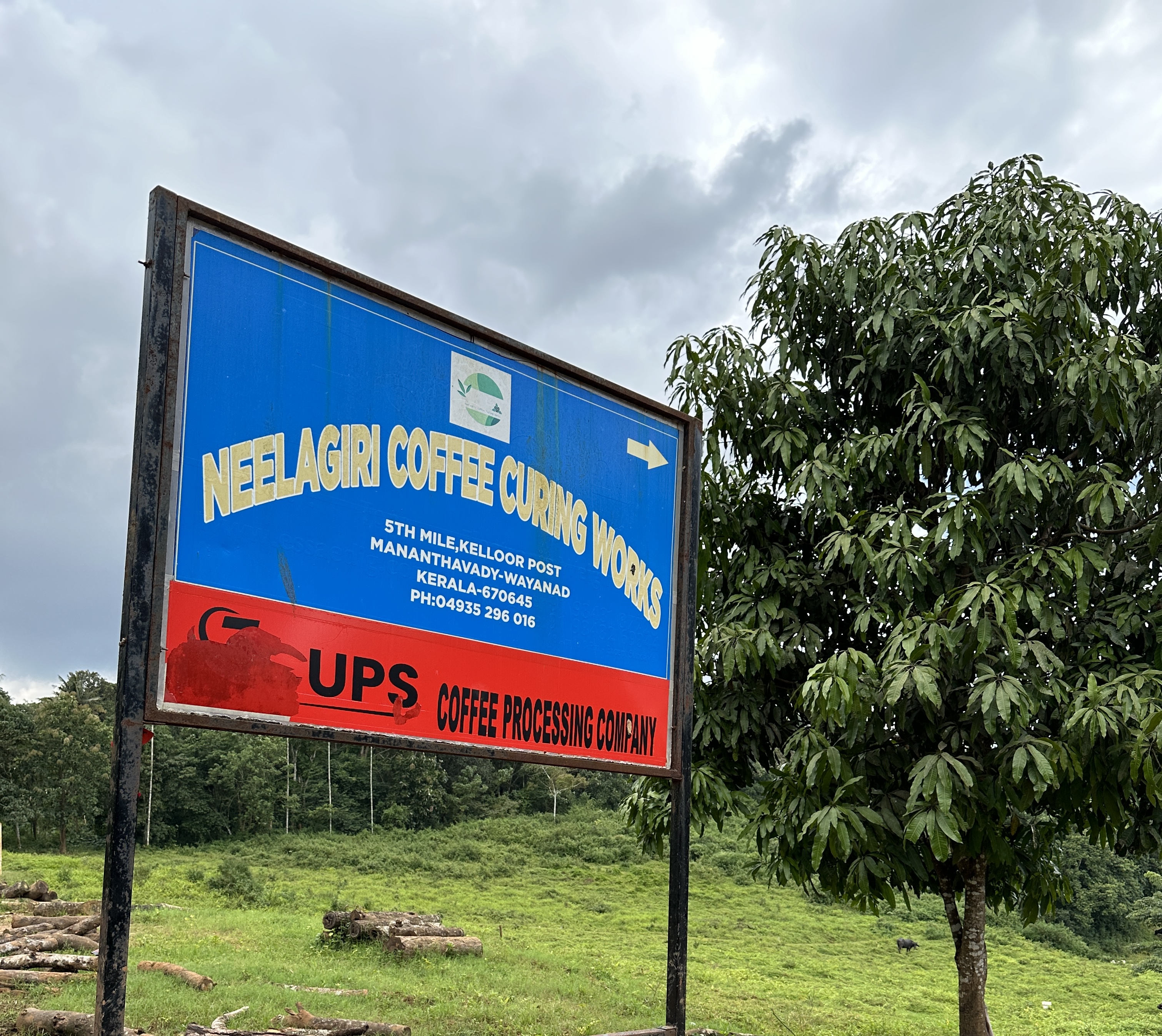 Neelagiri Coffee Curing Works entrance signage, Mananthavady, Wayanad